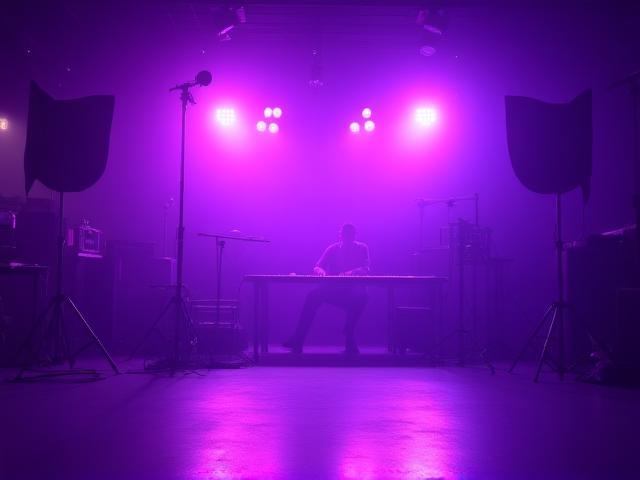 Creative studio with high-contrast stage lighting showcasing dynamic artistry
