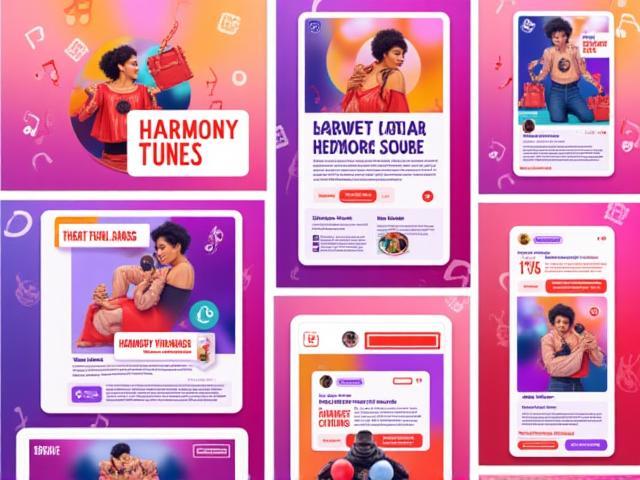 Coordinated social media kit visuals with vibrant colors and icons for Harmony Tunes